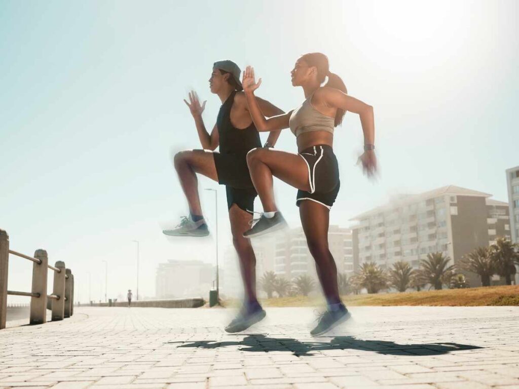 friends doing high knees outside the gym