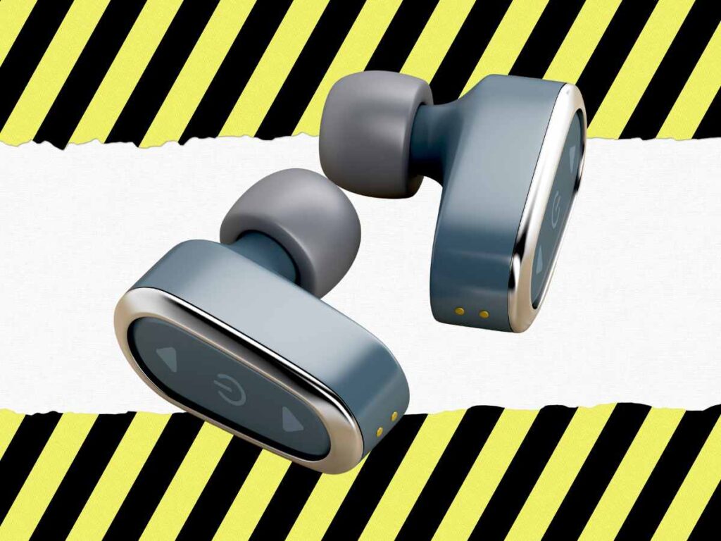 pair of earbuds with danger background due to radiations