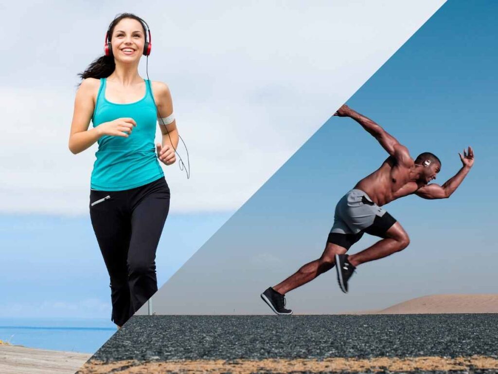 lady running in aerobic and man running in anaerobic zone